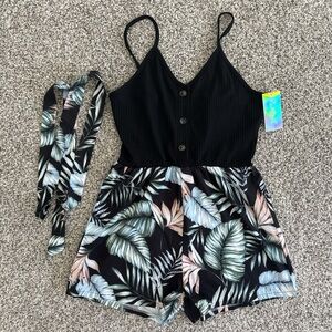 ROMWE Black Tropical Leaf Print Girls Romper with Tie Belt